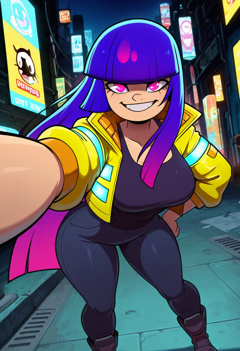 masterpiece, best quality, solo, curvy, beautiful eyes,  narrow waist, wide hips, zzMiko, long hair, purple hair, blunt bangs, multicolored hair,  dynamic angle, foreshortening, close up, smile, looking at viewer,   ,       <lora:MikoKubotaIXL:1.0>, [Cyberpunk Underworld], Futuristic leather jacket, neon tattoos, black pants, combat boots, glowing contacts, Standing in a neon-lit alley surrounded by digital billboards and pulsing city energy.