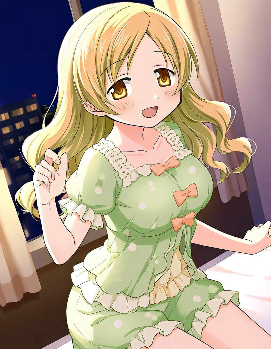 masterpiece, best quality, newest, absurdres, highres, safe, 1girl, tomoe mami \(pajamas costume\), magia record: mahou shoujo madoka magica gaiden, green pajamas, smile, open mouth, solo, night, indoors, dutch angle, <lora:tomoe_mami_noobaiXLNAIXL_vPred10Version:0.7>