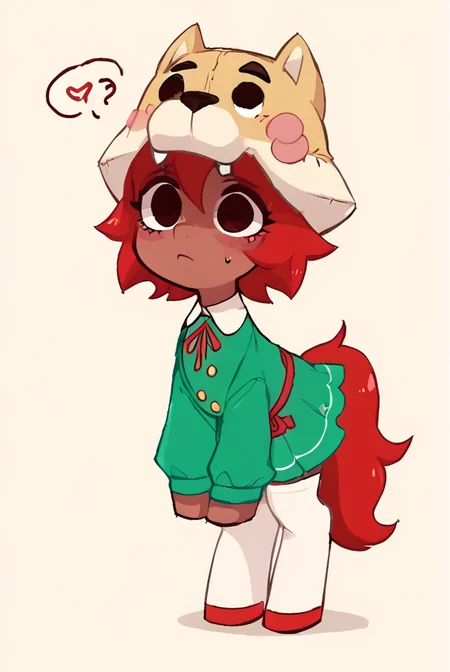 score_9, score_8_up, score_7_up, <lora:shinita:1> shinita , 1 girl , dark-skinned female, red hair, no pupils, green dress, long sleeves, white thighhighs, red ribbon, shaded face, ,dog headwear , confused, looking at viewer, randoseru, heart, <lora:SyrupyyyArt:1>syrupyyy (horse girl, pony female , pony:1.1)