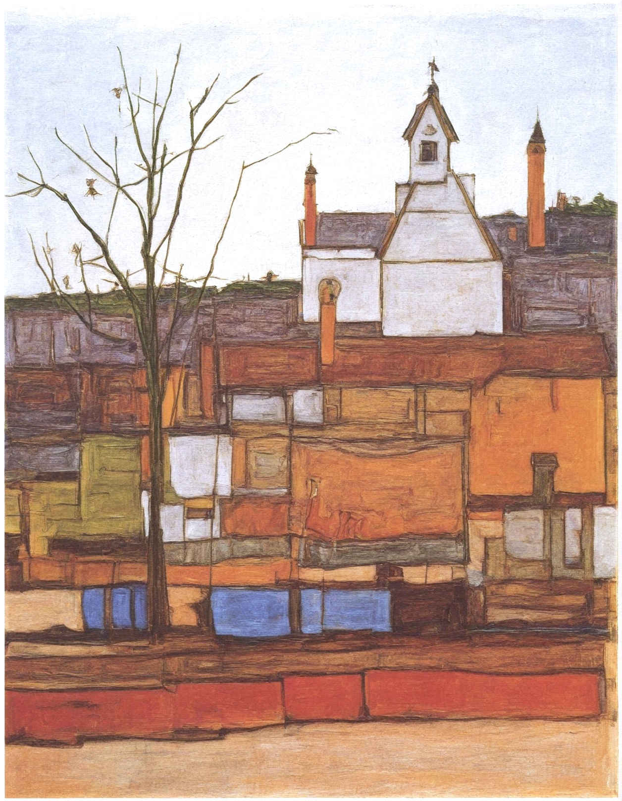 outdoors, tree, no humans, traditional media, building, scenery, painting (medium), house