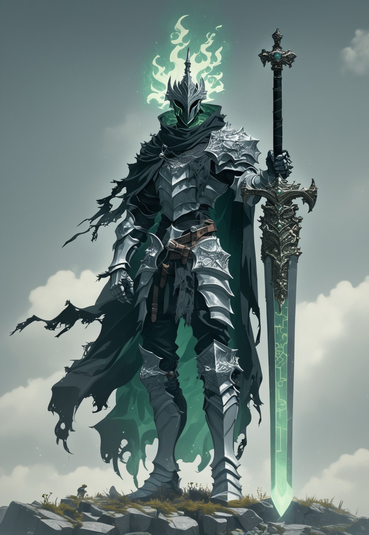 (stunning, magnificent, HD, photorealistic, dramatic lighting, intricate details, full body intricate armor beautiful patterns, mythical, legendary, powerful, cinematic, trending on ArtStation, characters on background, dark souls knight, tall, hollow knight, ghost+, a dark+  in shiny black+ knight armor with sword in scabbard, specter, by Peter gric, bli Hihnala, dark souls, male Knight, Ghost, wraith, smog, glowing green core on armor, green flames, (silver armor highly detailed patterns on armor), (a dragon's armor, a dragon's helmet) glowing green eyes, (demon's souls penetrator) , dark, (((full body fits into the image))), menacing, ominous, looking at something in the distance, darkness, full body visible, anor londo, dragon's dogma, battle sequence, (flaming blue helmet)soul knightscore_9, score_8_up, score_7_up, score_6_up, score_5_up, score_4_up,
 <lora:ArmorSentinelV2:1>, arm0rs3nt1n3l,
giant sword, solo, simple background, white background, 1boy, holding, jewelry, standing, full body, male focus, weapon, boots, pants, belt, hood, sword, holding weapon, necklace, cape, armor, torn clothes, holding sword, helmet, knife, shoulder armor, clenched hand, facing viewer, gauntlets, sheath, cloak, sheathed, breastplate, armored boots, fantasy, dagger, scabbard, over shoulder, greaves, huge weapon, weapon on back, weapon over shoulder, knight, full armor, black armor, torn cape, helm, greatsword, torn, sword over shoulder, torn cloak