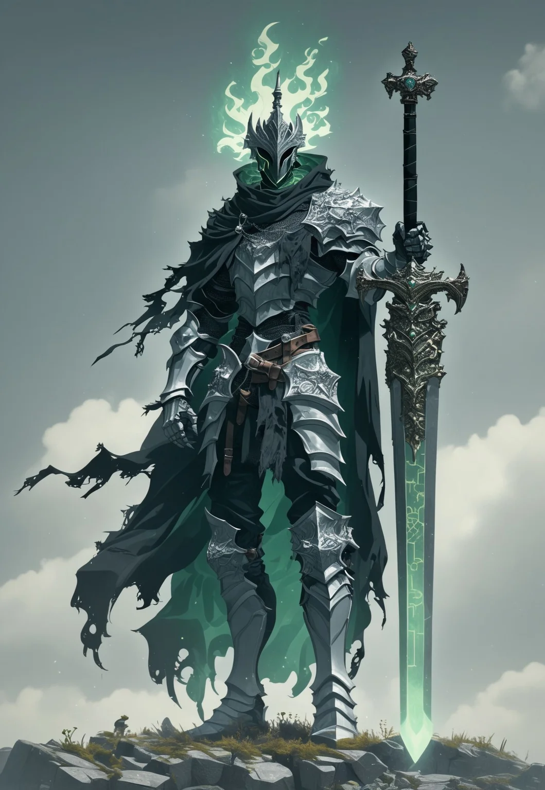 (stunning, magnificent, HD, photorealistic, dramatic lighting, intricate details, full body intricate armor beautiful patterns, mythical, legendary, powerful, cinematic, trending on ArtStation, characters on background, dark souls knight, tall, hollow knight, ghost+, a dark+ in shiny black+ knight armor with sword in scabbard, specter, by Peter gric, bli Hihnala, dark souls, male Knight, Ghost, wraith, smog, glowing green core on armor, green flames, (silver armor highly detailed patterns on armor), (a dragon's armor, a dragon's helmet) glowing green eyes, (demon's souls penetrator) , dark, (((full body fits into the image))), menacing, ominous, looking at something in the distance, darkness, full body visible, anor londo, dragon's dogma, battle sequence, (flaming blue helmet)soul knightscore_9, score_8_up, score_7_up, score_6_up, score_5_up, score_4_up,
<lora:ArmorSentinelV2:1>, arm0rs3nt1n3l,
giant sword, solo, simple background, white background, 1boy, holding, jewelry, standing, full body, male focus, weapon, boots, pants, belt, hood, sword, holding weapon, necklace, cape, armor, torn clothes, holding sword, helmet, knife, shoulder armor, clenched hand, facing viewer, gauntlets, sheath, cloak, sheathed, breastplate, armored boots, fantasy, dagger, scabbard, over shoulder, greaves, huge weapon, weapon on back, weapon over shoulder, knight, full armor, black armor, torn cape, helm, greatsword, torn, sword over shoulder, torn cloak