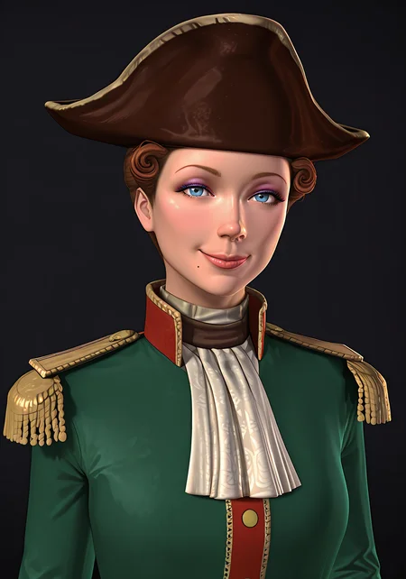 absurdres, 8k, high resolution, masterpiece, best quality, absolutely fantastic art, amazing quality, very aesthetic, <lora:civ4>, civ4, civcat, 1girl, solo, looking at viewer, smile, short hair, blue eyes, brown hair, full lips, hat, upper body,  mole, uniform, lips, military, ascot, military uniform, makeup, mole under mouth, epaulettes, realistic, nose, bicorne, green coat, plain background, black background