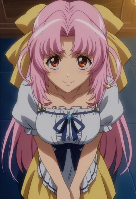 score_8, score_7_up, score_6_up, 1girl, smile, human, source_cartoon, screencap, detailed face, solo, Mikage Onohara, pink hair, large breast, dress, shy, looking at viewer, smile, from above, cowboy shot, anime screencap