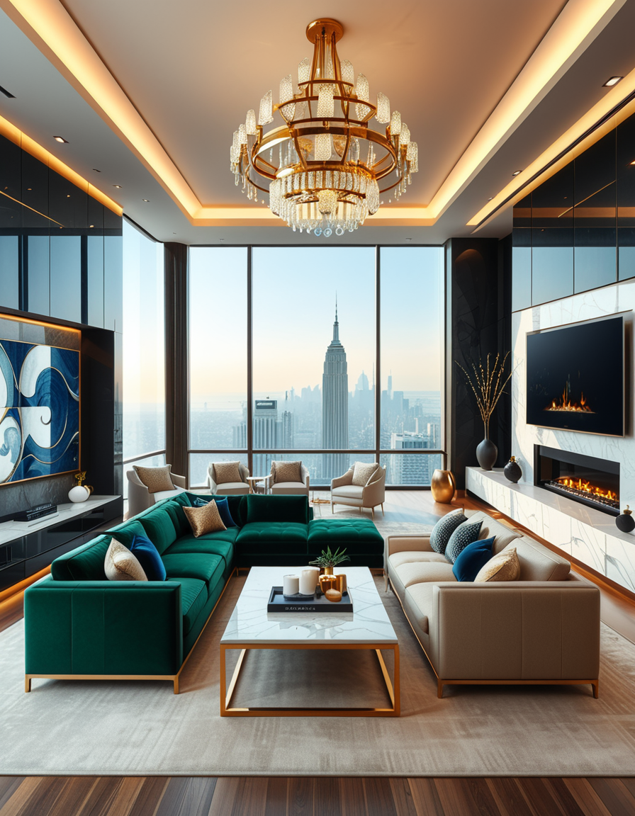 A lavish and modern luxury living room with a spacious open layout. The room features a grand chandelier with crystal details hanging from a high ceiling. Plush velvet sofas in deep emerald green and navy blue are arranged around a sleek marble coffee table with gold accents. The floor-to-ceiling windows allow natural light to flood the space, revealing a breathtaking city skyline in the background. A contemporary fireplace with a sculptural design adds warmth, while elegant artwork and designer decor pieces complete the sophisticated ambiance. The lighting is soft and ambient, creating a cozy yet opulent atmosphere.
<lora:SDXLFaeTastic2400:0.4> <lora:extremely_detailed:0.4> extremely detailed,  <lora:luxurious_l1v1ng_r00m:1>,luxurious l1v1ng r00m, Masterpiece,best quality,hi res,8k,hi res,8k,award winning,(sharp focus, intricate, highly detailed),