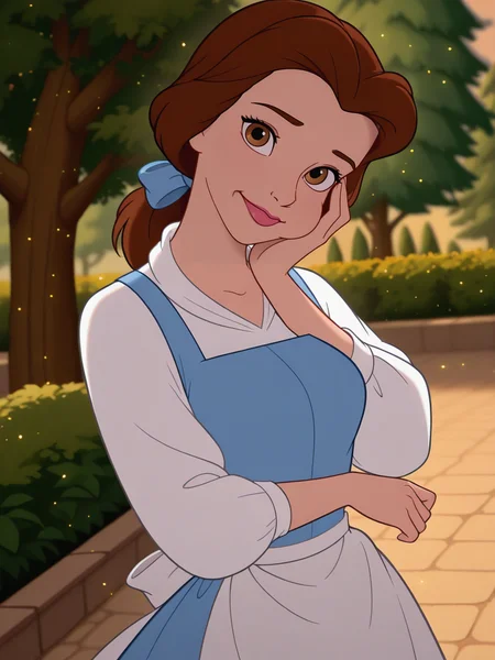 (official style:1.1), screencap, blurry background
1girl, medium breasts, (BelleXL:1.1), bow, brown hair, brown eyes, blue dress, apron, white shirt, long sleeves, ponytail, lipstick, 
light smile, dutch angle, sexy pose, happy, looking at viewer, tree, garden, daylight, outdoors portrait, dynamic pose, cowboy shot, lay on, hand on own cheek, cheek bulge, head tilt, light particles, from side,
 <lora:Belle-IL:1>