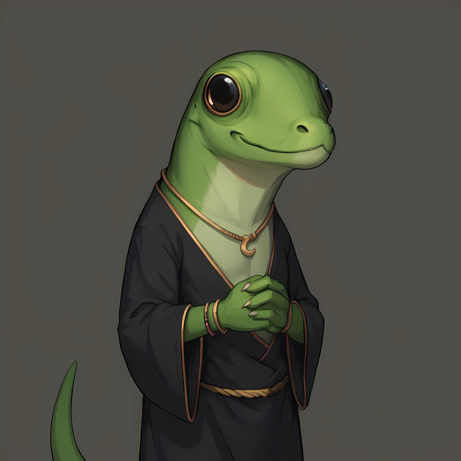 score_9, score_8_up, score_7_up, source_furry, solo, <lora:prikkiki-ti:0.8>, prikkikiti, green skin, nostrils, lizard tail, black kimono, loose clothes, reptile, realistic, bracelet, closed mouth, own hands together, smile,