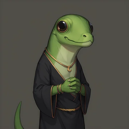 score_9, score_8_up, score_7_up, source_furry, solo, <lora:prikkiki-ti:0.8>, prikkikiti, green skin, nostrils, lizard tail, black kimono, loose clothes, reptile, realistic, bracelet, closed mouth, own hands together, smile,
