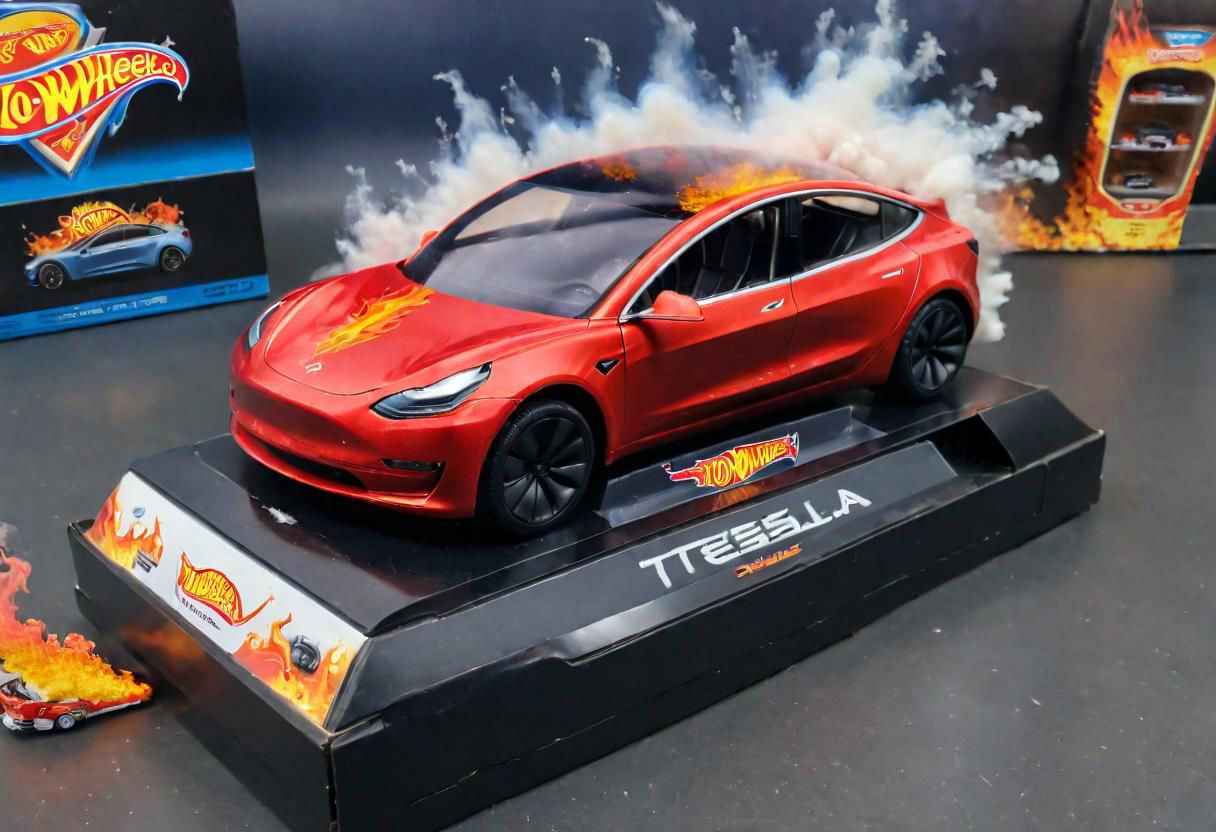 Hot Wheels toy car company have made a toy car version of a Tesla Model 3, The toy telsa model 3 car comes in a mini display unit/box. The car is exploding into fire and flames, white smoke fills the top of the display box, (realistic explosion from car), (realistic Flames bellow from the car windows inside the display unit),  (standing next to the car is a little palstic toy man, he holds both arms in the air,