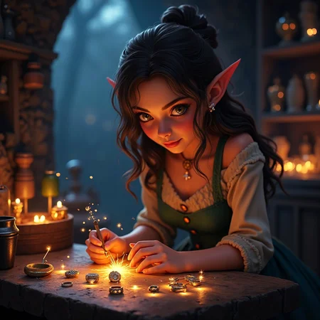 canon eos r5, a cute elf woman jeweler working on severals jewels and rings, hazel eyes, jeweler shop, nighttime, vivid colors, flying dust , medieval, heroic fantasy,studio quality, octane rendering, Dunia Engine,