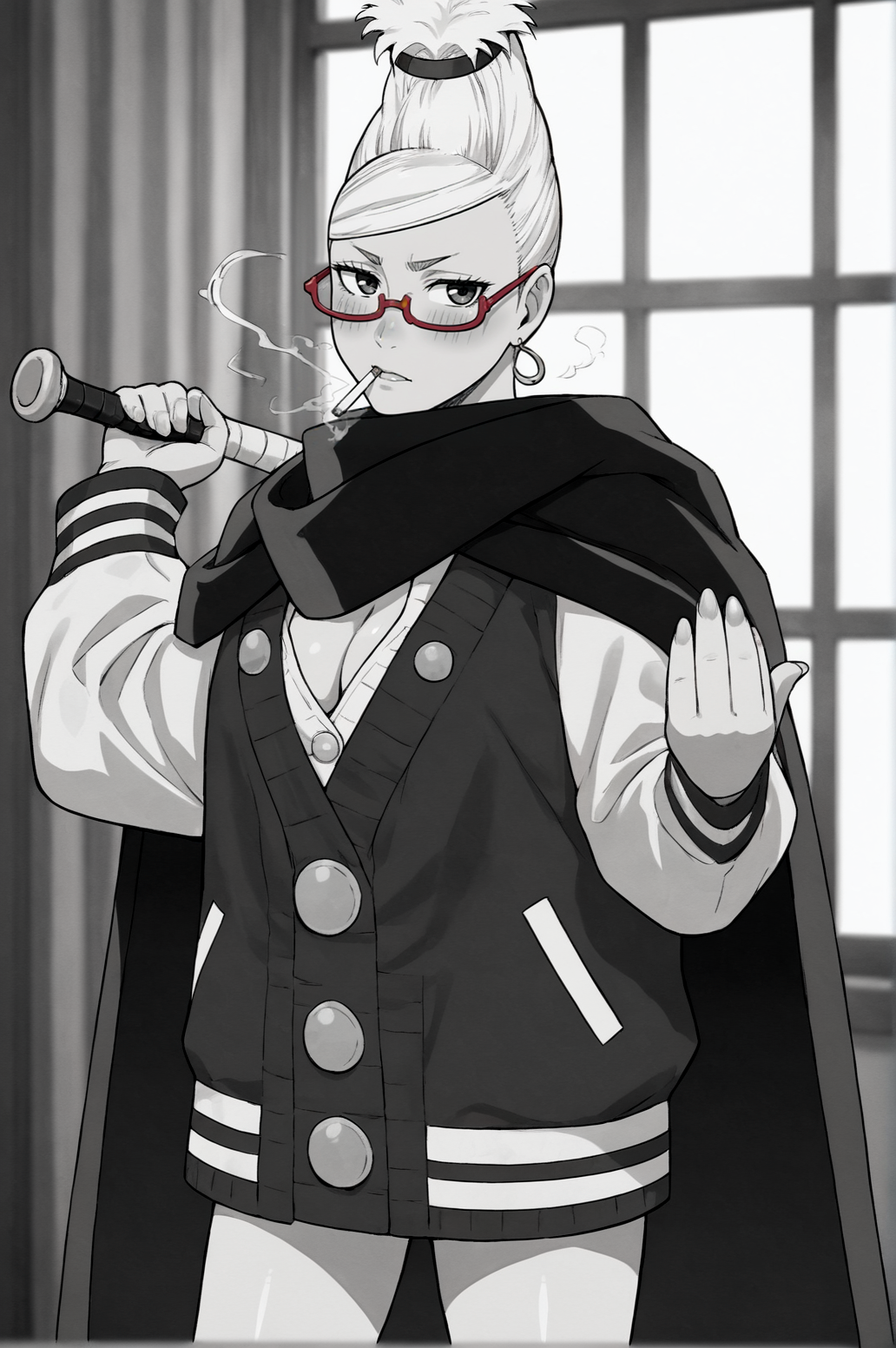 score_9, score_8_up, score_7_up, monochrome, manga_source, best background, detailed background, manga, grayscale   Seiko Ayase, baseball bat, cape, cigarette, cleavage, indoors, holding, jacket, letterman jacket, looking at viewer, red-framed eyewear, solo, blush, horny, <lora:JN_Seiko_Ayase:0.8>