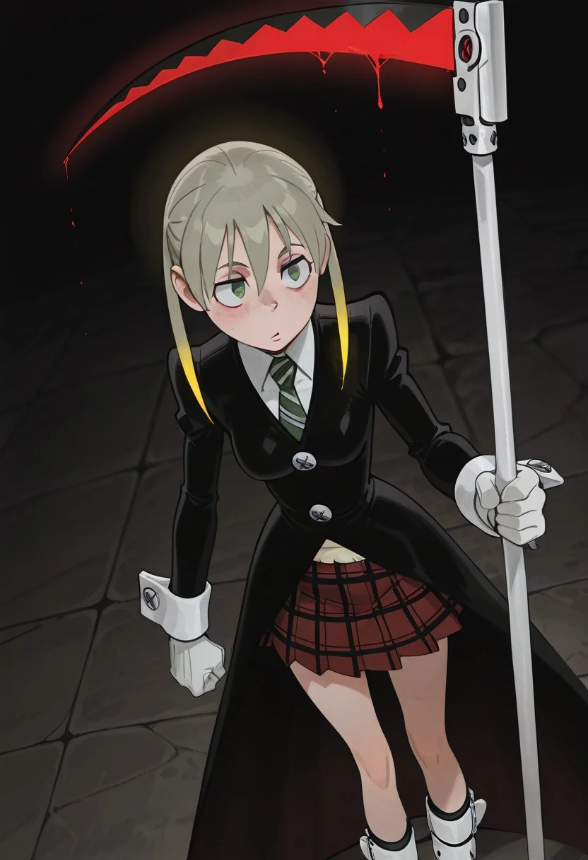 masterpiece, best quality, newest, absurdres, highres, dark lighting, pixelsketcher, fisheye view.
masterpiece, best quality, good quality, very awa, newest, highres, absurdres, masterpiece,best quality,amazing quality, , artist:snegovski, masterpiece, best quality, amazing quality, artist:horikoshi_kouhei, artist:murata_yuusuke, mature, clean lines, subtle lighting, bold outlines, cel shading,
Rogue، (EyesHD:1.2), (4k,8k,Ultra HD), masterpiece, best quality, ultra-detailed, very aesthetic, sharp focus, depth of field, vibrant colors, ray tracing, best lighting, detailed illustration, detailed background, cinematic, glowing particles, shinny, glitter,
BREAK,
Rogue، 1girl, solo, Image is a close up digital fantasy artwork featuring female 1girl,maka albarn, green eyes, blonde hair, twintails, \(soul eater\), upturned eyes, 18 year old, silk blonde hair,stunning female sci-fi female angel, upturned eyes, big breast, green necktie, striped necktie, black coat, long coat, red skirt, plaid skirt, buttons, cuffs, white gloves,, loong socks, lewd, (focus on the detail: 1,5),big eyes, vambraces, holding large glowing scythe sparking with energy, portrait,cold stare,
, limited palette, sketch, glowing, psychedelic, blood dripping,
BREAK,
beautiful face, beautiful eyes, dynamic angle, freckles,portrait,,wabi sabi, holographic skin, holofoil glitter, faint, glowing, ethereal, neon hair, glowing hair,, looking at viewer, relaxing, sci-fi, ong bioluminescent glowing hair, medium perky breasts, , greaves, vambraces, battle-ready stance, dynamic pose, portrait,,cold stare,
, limited palette, sketch, glowing, psychedelic,
simple background, <lora:illustriousXL_stabilizer_v1.23:0.3> <lora:NOOB_vp1_detailer_by_volnovik_v1:0.3> <lora:ponyv6_noobE11_2_adamW-000017:0.3> <lora:114558v4df2fsdf5:0.7> <lora:XXX667:0.5> <lora:mon_monmon2133:0.6>, h4ra_illu <lora:illustriousXL_stabilizer_v1.23:0.3> <lora:NOOB_vp1_detailer_by_volnovik_v1:0.3> <lora:ponyv6_noobE11_2_adamW-000017:0.3> <lora:114558v4df2fsdf5:0.6> <lora:XXX667:0.4> <lora:mon_monmon2133:0.5> <lora:hara_id_21:0.6>