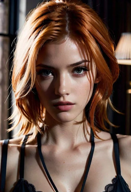 photo of a girl with face of Claire Farron from Final Fantasy XIII and eyes of Katherine Mcnamara and Nose of Deborah Ann Woll with ginger hair and with tanned skin, with black lingerie, in a bedroom, thorough, analog style, eye focus, highest quality, highly detailed skin, perfect face, alluring eyes, skin pores, perfect natural skin, indoor, bokeh, sharp focus, photographed on a Sony A7R IV, 18mm F/1.7 cine lens, highly detailed, intricately detailed, 64k, UHD, seductively posing, front view, very realistic face, Authentic face, (High-key lighting Style)