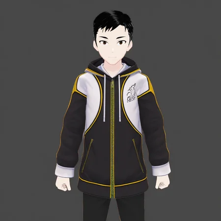 harmard, black hair, short hair, brown eyes, 1boy, solo, solo focus, jacket, black pants
