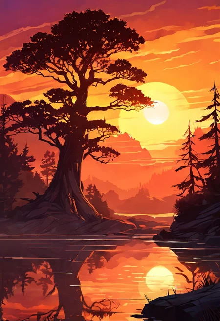 Generate a breathtaking landscape featuring a vibrant sunset casting a warm, golden glow across the sky. A majestic tree stands tall and proud, its branches reaching towards the heavens, silhouetted against the fiery hues of the setting sun. The scene is reminiscent of RHADS' signature style, with intricate details and a rich color palette that creates a sense of depth and immersion. The background is designed to be a perfect fit for a mobile game, with a focus on creating a captivating and immersive environment for players to explore. This stunning artwork captures the essence of a serene and picturesque sunset, ideal for a game background or wallpaper that exudes beauty and tranquility.