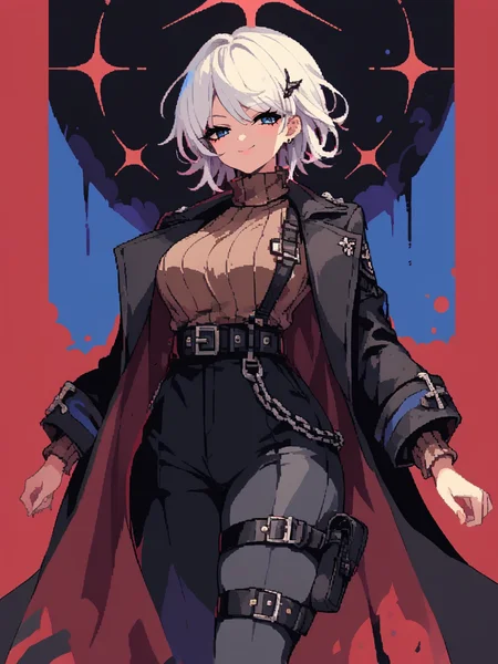 score_9, score_8_up, score_7_up, source anime,1girl ,solo <lora:faustXL_LoRA-C3Lier_AdamW_Dim16_Alpha16_UN-3e-4_TE-1.5e-4_10batch_ponyDiffusionV6XL_v6StartWithThisOne:0.8> faust \(project moon\), 1girl, white hair, short hair, blue eyes, black coat, open coat, long sleeves, jacket on shoulders, black vest, brown sweater, ribbed sweater, turtleneck sweater, black belt, black pants,smug, wide hips, thick thighs,half-closed eyes, <lora:Cromachina_test:0.7> Cromachina <lora:d3p1x3lXLP:1> d3p1x3l, pixel art,