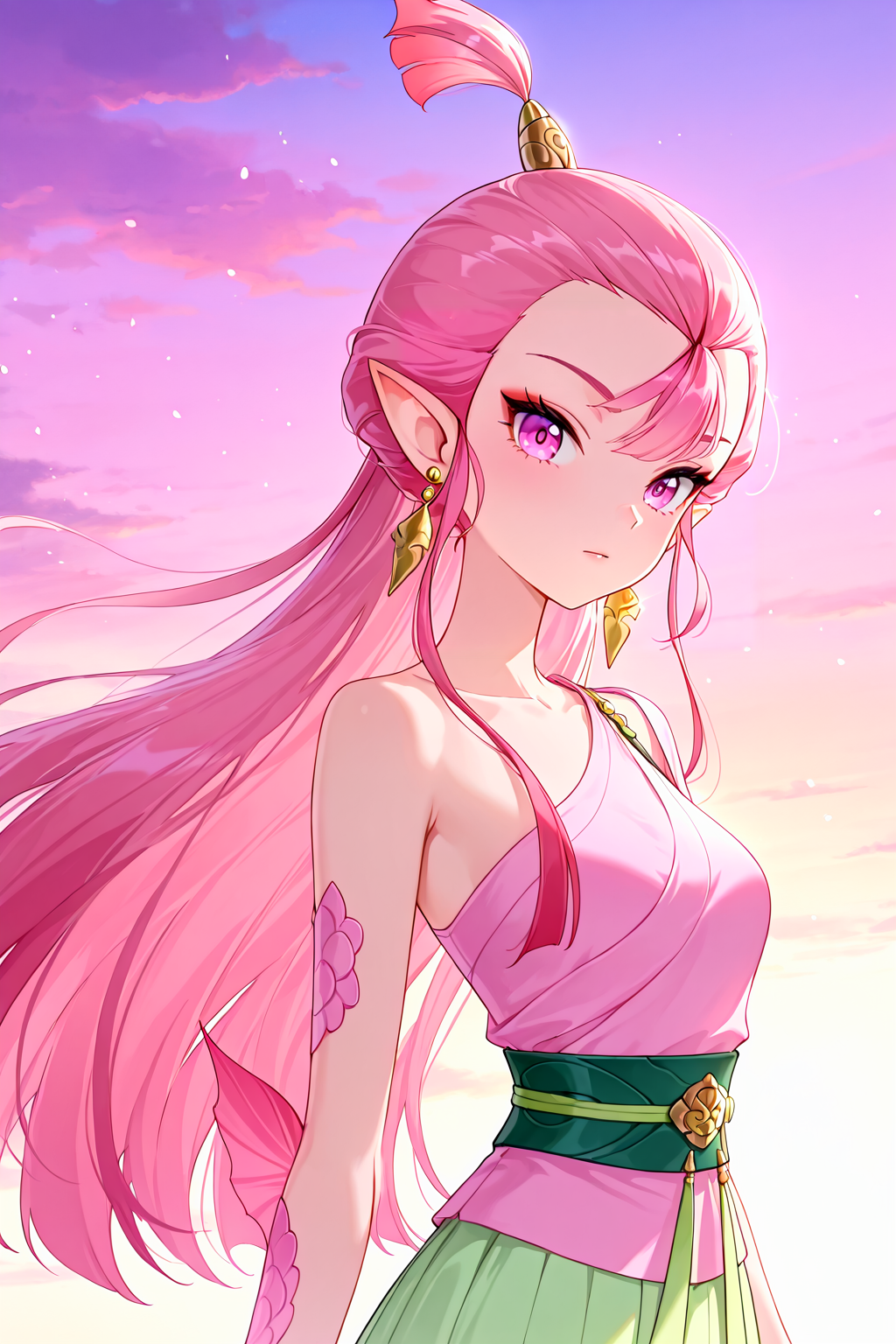 front view,
1girl,upper body,looking at viewer,
Best quality,masterpiece,soft light,official art,high quality,highres,absurdres,epic scene,natural textures,<lora:Xiao Long Nv IL:1>,xiao long nv,teenage,long hair,pink hair,topknot,earrings,jewelry,hair bun,fins-shaped hair bun,single hair bun,fins on arms,pointy ears,pink clothes,green skirt,long skirt,green belt,one bare shoulder,