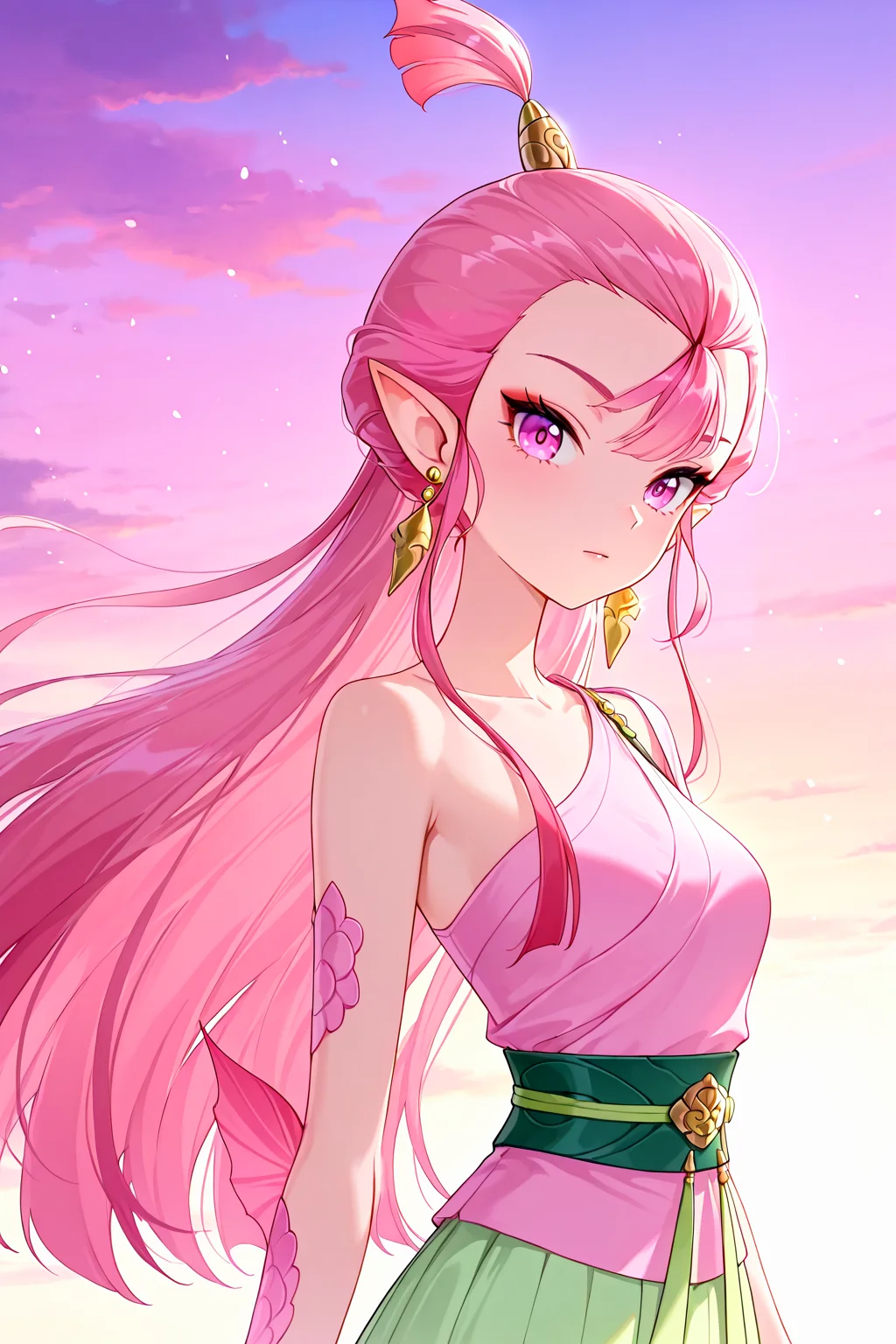 front view,
1girl,upper body,looking at viewer,
Best quality,masterpiece,soft light,official art,high quality,highres,absurdres,epic scene,natural textures,<lora:Xiao Long Nv IL:1>,xiao long nv,teenage,long hair,pink hair,topknot,earrings,jewelry,hair bun,fins-shaped hair bun,single hair bun,fins on arms,pointy ears,pink clothes,green skirt,long skirt,green belt,one bare shoulder,