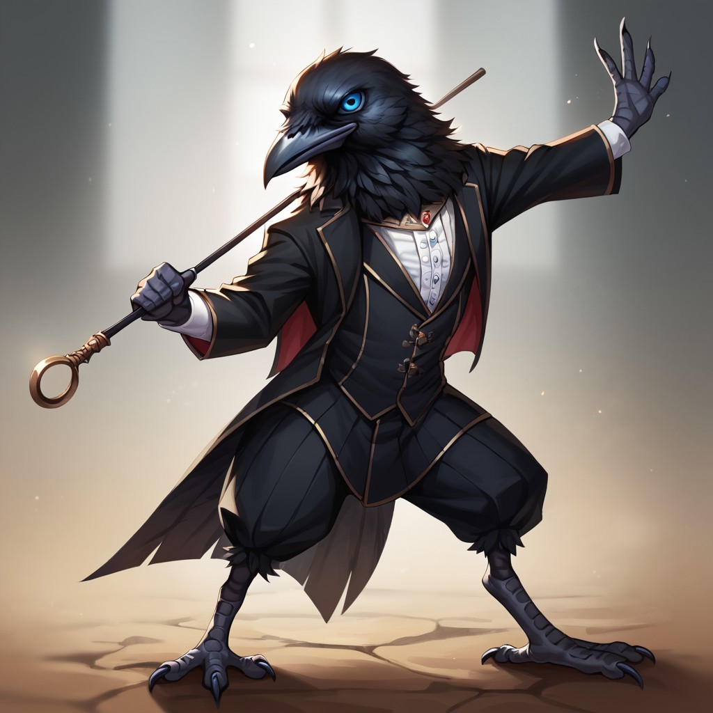 (((detailed, beautiful, high quality))), score_9, score_8_up, score_7_up, ((solo)), dynamic pose, fighting pose,
kenku, anthro bird, anthro crow, plumage,
1 boy, male focus, blue eyes, black tuxedo, white frill, holding a cane,
looking at viewer, looking to the right, posing,
fantasy background, blurred background,