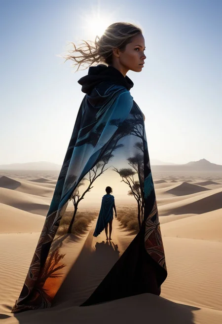 mysterious silhouette exotic woman with cape, african safari desert, goddess, alluring, by Minjae Lee, Carne Griffiths, Emily Kell, Steve McCurry, Geoffroy Thoorens, Aaron Horkey, Jordan Grimmer, Greg Rutkowski, amazing depth, double exposure, surreal, geometric patterns, intricately detailed, bokeh, perfect balanced, deep fine borders, artistic photorealism , smooth, great masterwork by head of prompt engineering <lora:add-detail-xl:2> <lora:Double_Exposure:0.5>