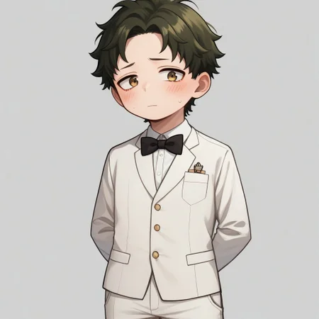 score_9, score_8_up, score_7_up, source_anime, highly detailed, cute boy, 1boy, solo, young, damian desmond, short hair, brown hair, brown eyes, white tuxedo, white pants, black bow tie, black socks, white dress shoes, blushing, shy, looking away from viewer, looking slightly to the side, avoiding eye contact