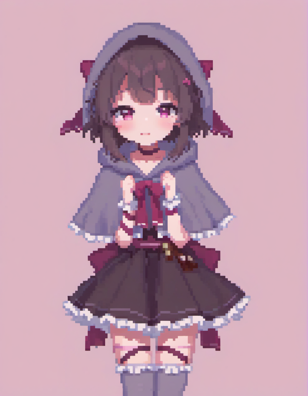 (Pixel art:1.2), 1girl, <lora:Fallenshadow_SDXL:0.8>. Fallenshadow. yandere. chocolate. heart-shaped pupils. single wrist cuff. symbol-shaped pupils. solo. hands on own face. dress. food-themed clothes. criss-cross halter. waist bow. hood up. heart. shaded face. arm ribbon. grey cape. cloak. capelet. hands on own cheeks. smile. grey capelet. black dress. frills. halterneck. leg ribbon. cape. short dress. frilled dress. looking at viewer. petite. simple background. pink background. outline., black background, seductive smile