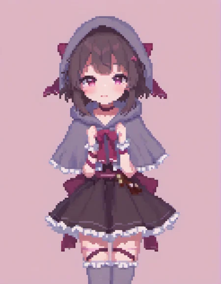 (Pixel art:1.2), 1girl, <lora:Fallenshadow_SDXL:0.8>. Fallenshadow. yandere. chocolate. heart-shaped pupils. single wrist cuff. symbol-shaped pupils. solo. hands on own face. dress. food-themed clothes. criss-cross halter. waist bow. hood up. heart. shaded face. arm ribbon. grey cape. cloak. capelet. hands on own cheeks. smile. grey capelet. black dress. frills. halterneck. leg ribbon. cape. short dress. frilled dress. looking at viewer. petite. simple background. pink background. outline., black background, seductive smile