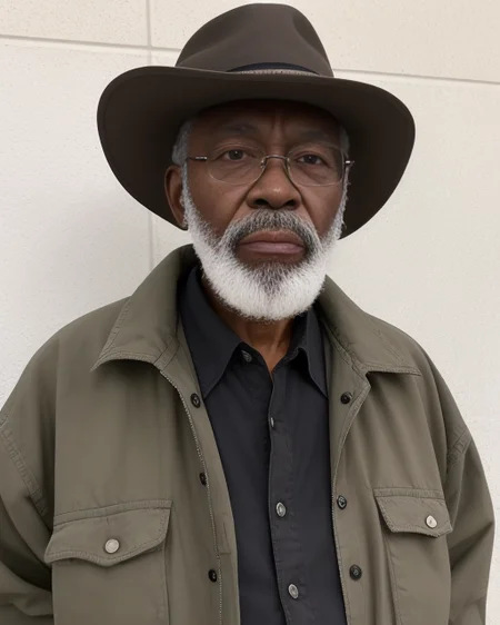 portrait of an older black man bodygrammps, shirt, face, jacket, black hair, beard