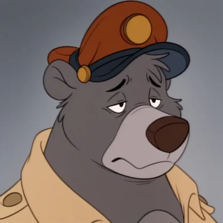 masterpiece, best quality, amazing quality, baloots, male, furry male, anthro, solo, sloth bear, grey fur, two tone fur, grey muzzle, brown nose, black eyes, claws, brown shirt, red pilot cap, sad, frown, close up, portrait, grey background