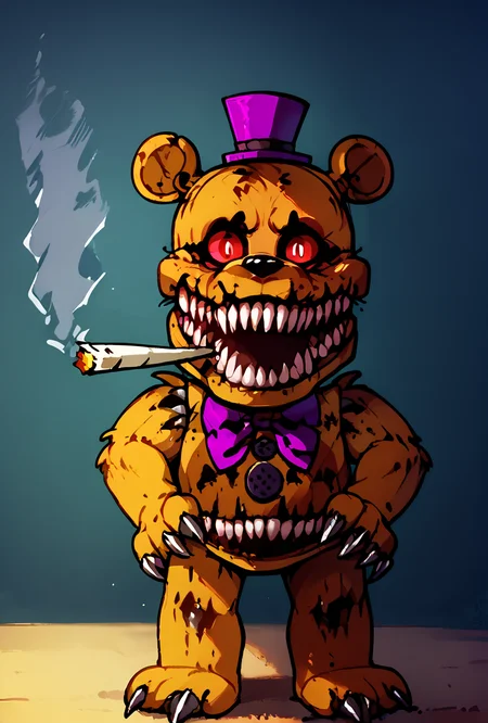 score_9, score_8_up, score_7_up,, good quality ,, character focus, solo, , best quality , detailed background, <lora:fredmare-10:1> fredmare, purple top hat, , teeth, no humans, purple bowtie, sharp teeth, claws, red eyes, bear, mini hat, , simple background, blue bedroom, dark room, <lora:DoobieRalsei:1> dubi3, full body, standing, chibi, looking at viewer, hands on own hips, cigarette, smoke