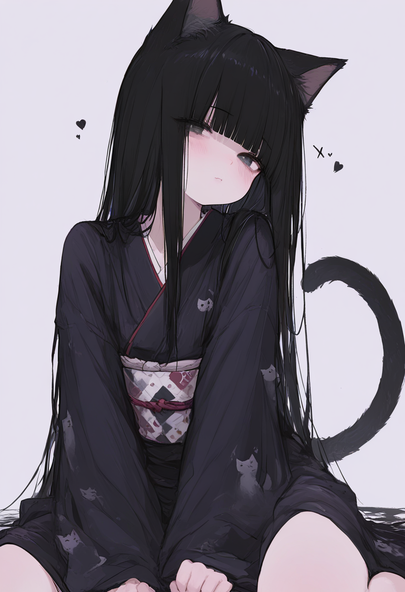 Masterpiece, best quality, amazing quality, 1 girl, solo, cat ear girl, cat ears, cat tail, black hair, long hair, bangs, kimono, dark kimono, simple background, cute,
 

xxx667_illu,r17329_illuu，masterpiece, best quality, very aesthetic