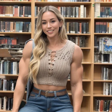 (best quality), (masterpiece), ultra-detailed, illustration, a scene involving one (amzn_mscles) man, looking at viewer, 30 year old, long brown braided hair, (huge loose oversized sleeveless crop top and loose jeans), (piercings), wearing brown leather boots, library, reading book, dynamic light, long blonde hair,Canadian face, 8k uhd, dslr, soft lighting, high quality, film grain, Fujifilm XT3, sharp focus, F/8.0, (long shot:1.2), <lora:amzn_mscles_64:1>
