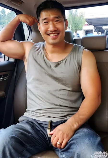 (((htkangface))), daddy,  natural face expression, (((detailed HtKangface))), fixed htKangface Photorealistic, realistic, masterpiece, intricate details, detailed background, depth of field, photo of a handsome, dynamic pose, natural face expression, high detail, high quality, male focus,  ((pants)), (((in car))), ((covered nipples)), ((driving car)), (((daddy smile))), ((sitting)), ((tank top)), ((solo)), arms up, ((ring)), hairy armpits,, ((showing muscles)), showing offf