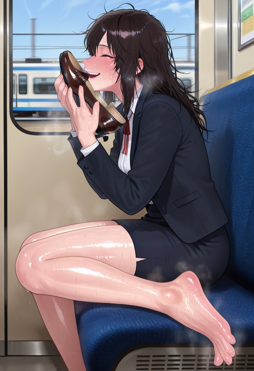 solo:1.9,  HSPunch, smelling_own_shoe, holding shoe, 1girl, sitting, smell, feet, barefoot, sweat, shiny skin, messy hair, black hair,  , breath, happy, train interior, office lady, black jacket, open jacket, white blouse, red ribbon, black skirt, from side, nose inside the insole, steaming shoes:1.9, smelly shoes:1.9, musk out of the shoe:1.2
