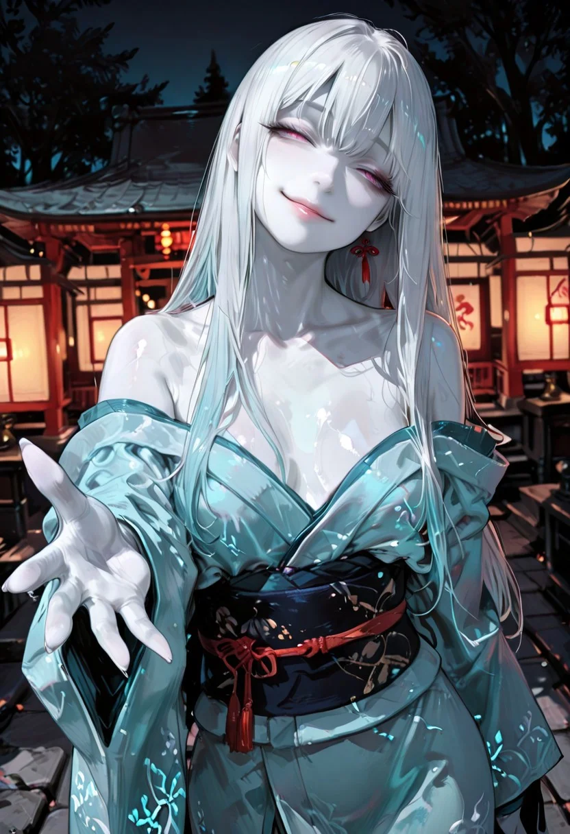 masterpiece, best quality, good quality, newest, highres, absurdres, volumetric lighting,gradient color,
BREAK
raytracing, volumetric lighting, ambient occlusion, girl, luminescent background, masterpiece, best quality, very awa, absurdres,
BREAK
Yukinoshita Yukino, Yuki-onna, colored skin, (white skin:1.3), solo, long hair, white hair, luscious lips, model style,
evil eyes, evil, bullying, sinister,
BREAK
masterpiece,amazing quality,best quality,ultra-detailed,8K,illustration,CG,shiny hair,clear skin,ultra-detailed-eyes,simple background,cute girl, eyelashes
BREAK,
long kimono, light blue Kimono, off the shoulders kimono, outdoors, shrine, night, moonlight, dutch angle, dark theme, high contrast, reaching towards viewer, foreshortening, smile, half-closed eyes, head tilt, sash,