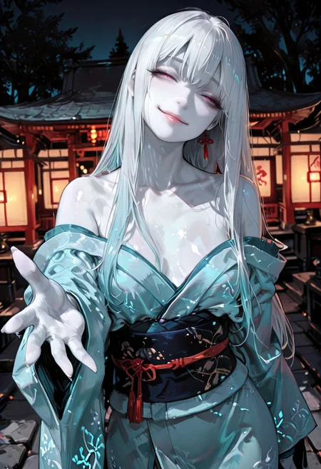masterpiece, best quality, good quality, newest, highres, absurdres, volumetric lighting,gradient color,
BREAK 
raytracing, volumetric lighting, ambient occlusion, girl, luminescent background, masterpiece, best quality, very awa, absurdres, 
BREAK
Yukinoshita Yukino, Yuki-onna, colored skin, (white skin:1.3), solo, long hair, white hair, luscious lips, model style,
 evil eyes, evil, bullying, sinister, 
BREAK
masterpiece,amazing quality,best quality,ultra-detailed,8K,illustration,CG,shiny hair,clear skin,ultra-detailed-eyes,simple background,cute girl, eyelashes
BREAK,
long kimono, light blue Kimono, off the shoulders kimono, outdoors, shrine, night, moonlight, dutch angle, dark theme, high contrast, reaching towards viewer, foreshortening, smile, half-closed eyes, head tilt, sash,
