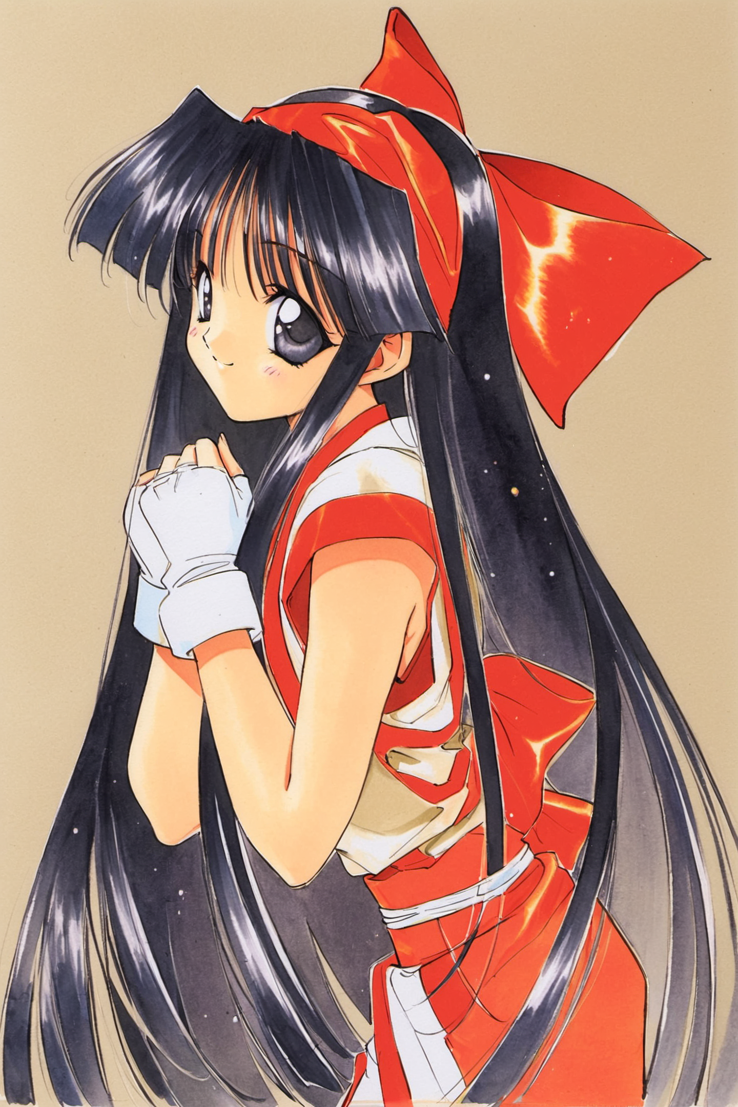 NakoRuru,1girl,solo,long hair,red bow,bow,black hair,1990s (style),retro artstyle,hair bow,fingerless gloves,hairband,gloves,black eyes,ainu clothes,smile,own hands together,simple background,traditional media,<lora:Aoi Nanase_XL:0.9>,