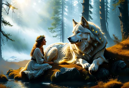 "In the depths of an ancient forest, shrouded in mist, sits ((a wild woman with hair as golden as the sun)). At her feet, curled up in a ball, lies a wolf with eyes shining like stars. Silence reigns between them, broken only by the whisper of the wind and the light breathing of the animals. The wolf, with fur as soft as a cloud, looks calm and trusting, and the wild one looks at him with a gentle smile."