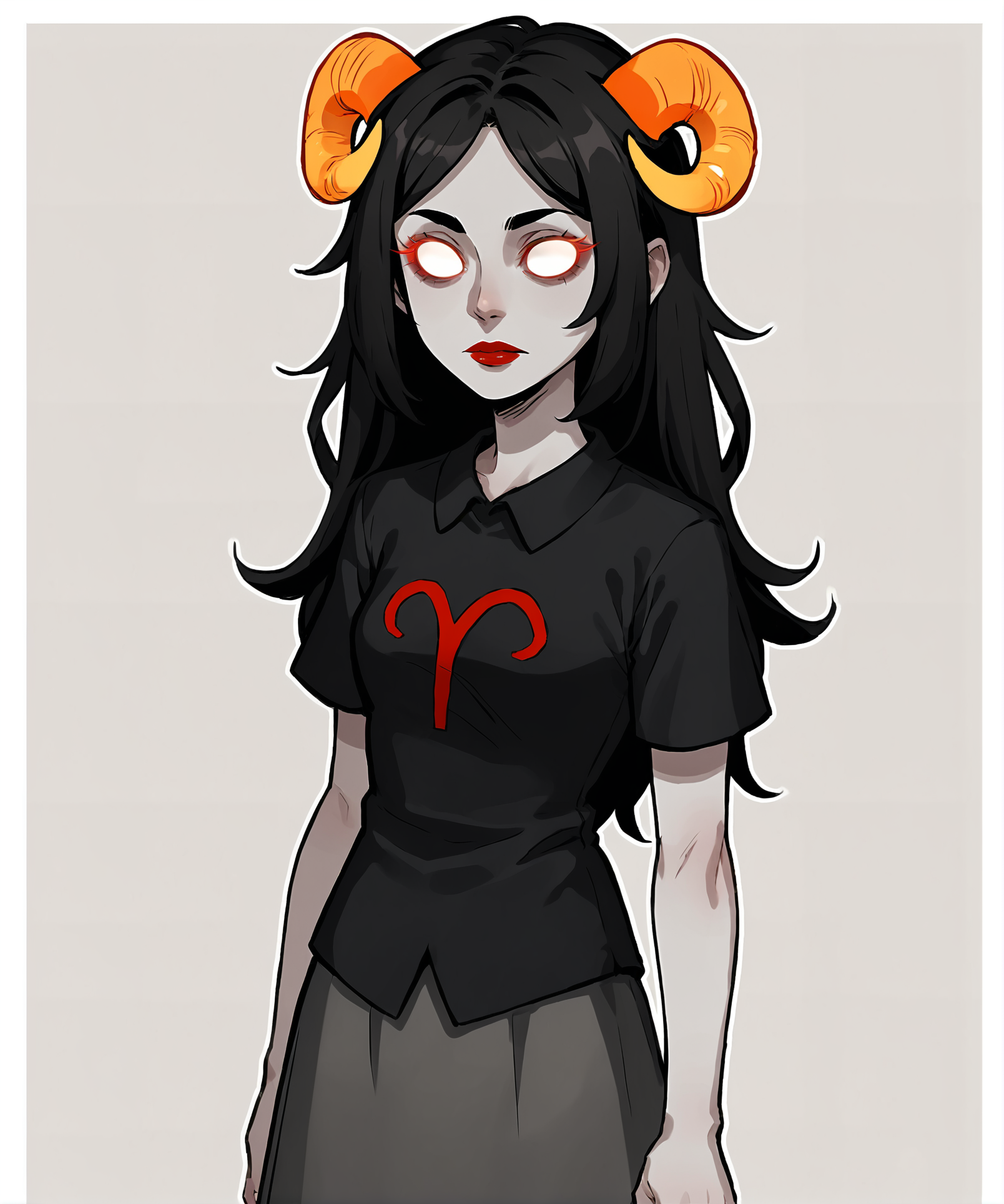 score_9, score_8_up, score_7_up, score_6_up, score_5_up, score_4_up, 2d, anime, anime artstyle, simple shadows, flat coloring, flat shadows, thick lines, white outline, <lora:Aradia_Megido_Homestuck_-_Starter_outfit_Deadalive_versions:0.8>, aradiastart, grey skin, white sclera, 1girl, solo, long hair, skirt, shirt, black hair, short sleeves, horns, makeup, colored skin, lipstick, glowing eyes, grey skirt, spot color, red lips, white eyes, grey skin, no pupils BREAK source_anime