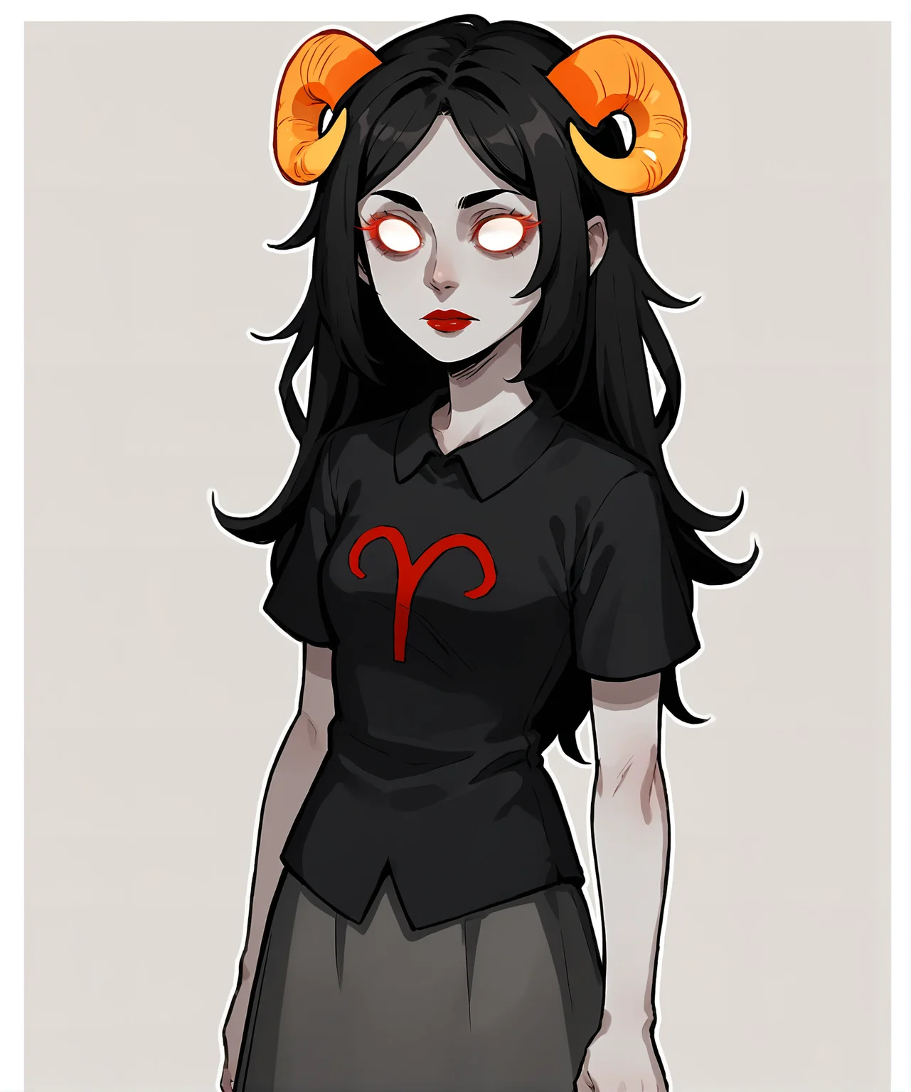 score_9, score_8_up, score_7_up, score_6_up, score_5_up, score_4_up, 2d, anime, anime artstyle, simple shadows, flat coloring, flat shadows, thick lines, white outline, <lora:Aradia_Megido_Homestuck_-_Starter_outfit_Deadalive_versions:0.8>, aradiastart, grey skin, white sclera, 1girl, solo, long hair, skirt, shirt, black hair, short sleeves, horns, makeup, colored skin, lipstick, glowing eyes, grey skirt, spot color, red lips, white eyes, grey skin, no pupils BREAK source_anime