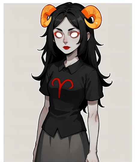 score_9, score_8_up, score_7_up, score_6_up, score_5_up, score_4_up, 2d, anime, anime artstyle, simple shadows, flat coloring, flat shadows, thick lines, white outline, <lora:Aradia_Megido_Homestuck_-_Starter_outfit_Deadalive_versions:0.8>, aradiastart, grey skin, white sclera, 1girl, solo, long hair, skirt, shirt, black hair, short sleeves, horns, makeup, colored skin, lipstick, glowing eyes, grey skirt, spot color, red lips, white eyes, grey skin, no pupils BREAK source_anime