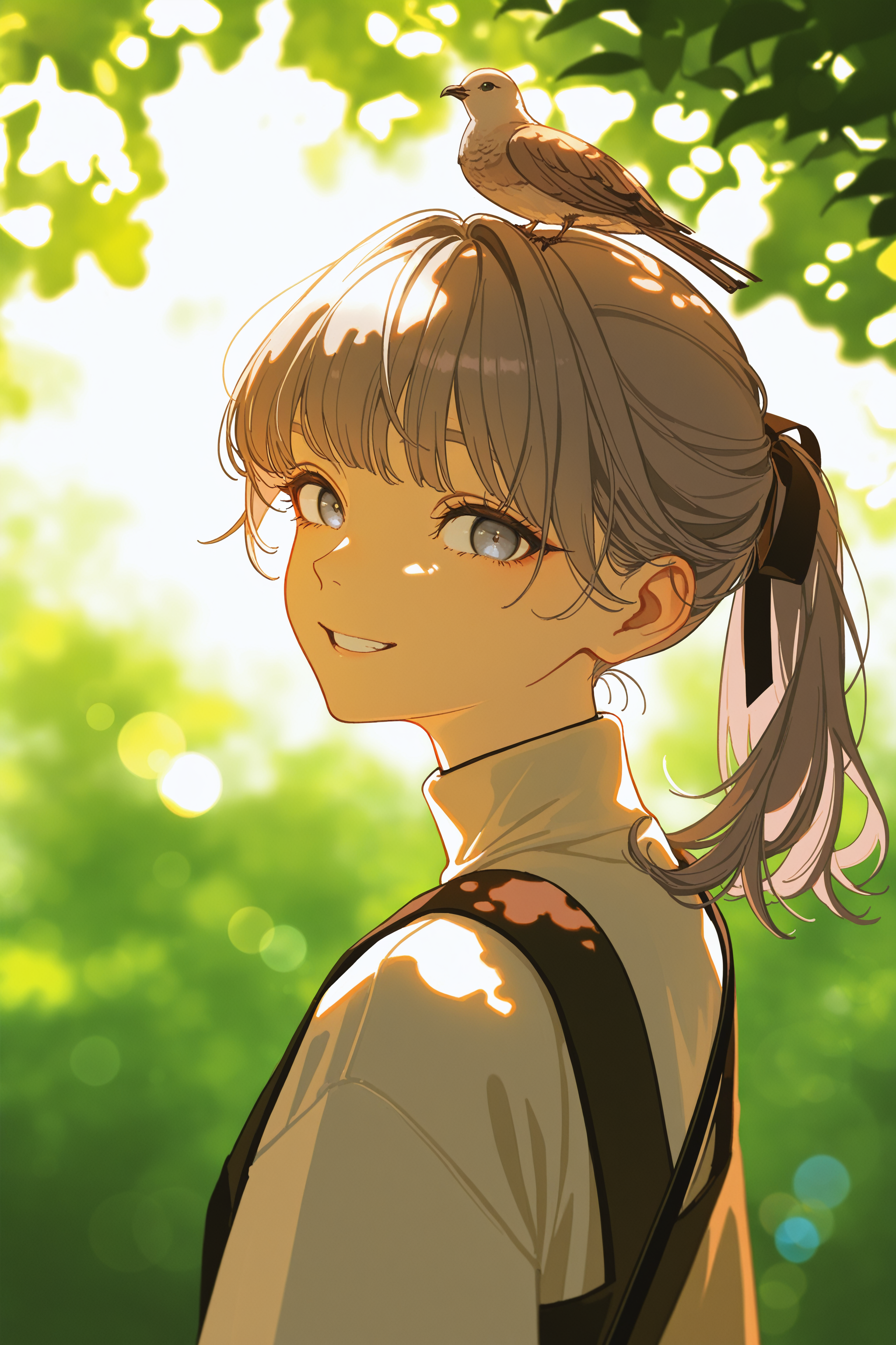 masterpiece, best quality, absurdres, safe
1girl, lapwing, grey hair, grey eyes, ponytail, hair ribbon,
pinafore dress, strap, turtleneck
bird, bird on head,
dappled sunlight, looking at viewer, looking back,
smile, backlighting, lens flare, 
yoneyama mai, 
johnkafka,
<lora:lapwing_il_2_d16:1>