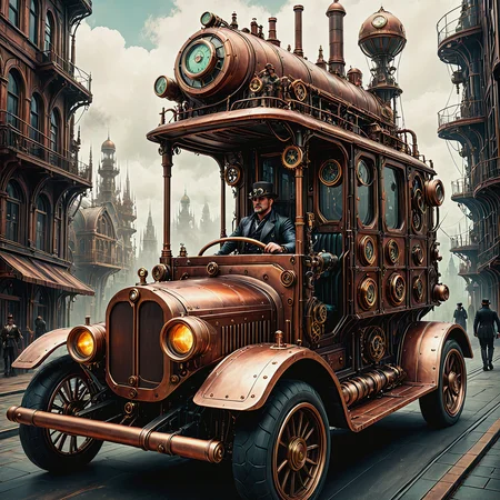 A man at the controls of a steampunk truck in a dystopian world.

<lora:Steampunk01_CE_XL_200-OT:0.6> stmpnkCE_style