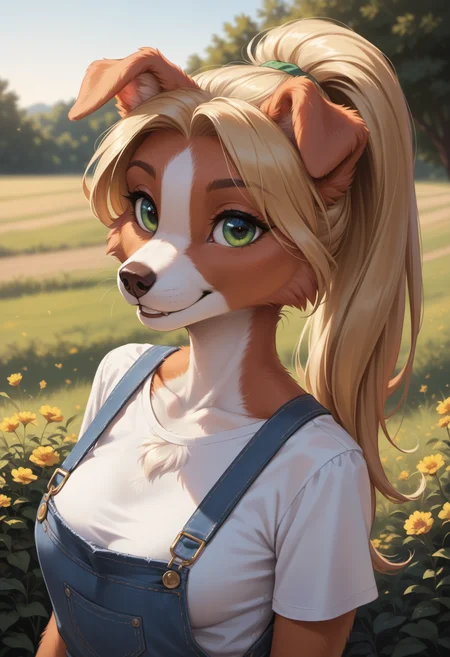 score_9, score_8_up, score_7_up, source_furry, high quality, perfection, detailed, aesthetic, well-lighted,
meadow, road, bright sun,
1girl, solo, upper body,
furry female, anthro, furred body, fluffy fur, beautiful girl, cute girl, young, youthful, beautiful face, beautiful eyes, perfect eyes, detailed eyes,
collie girl, medium breasts, green eyes, blonde hair, ponytail,
white shirt, denim overalls,
smile, looking at viewer,
<lora:princess_xl_v2:0.6>, <lora:p_ami_v10_adafactor:0.4>, <lora:incase-ilff-v3-4:0.5>, <lora:CleanDetailed_Eyes:0.25>,âââ