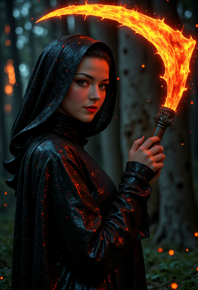 She is approximately 18 years old, full body view, dynamic angles, multiple angles, photoshoot poses; a photo of Angelic@, with dark hair, retro50s_style, she is dressed as the grim reaper, holding a glowing scythe.  Movie Poster, Atmospheric, Ultra Detailed, Suffering, Kodachrome, elaborate, intricate, atmosphere, illustrious quality, ambient background, deep rich colors, excellent composition ,making this image a masterpiece of photography and digital art. realistic. making this image a masterpiece of photography and digital art. Style: realistic hyper-detailed rendering, 32k UHD, expressive eyes, punk, graphic design, girl's face, pretty and cute, gleaming lips, telling a tale of adventure. Exuding confidence and serenity. The overall mood of the image is happy and relaxed,detailed skin texture,(blush:0.2),(goosebumps:0.3),subsurface scattering,whimsical,Detailed hand, Perfect hand. Perfection style.aidmafluxpro1.1