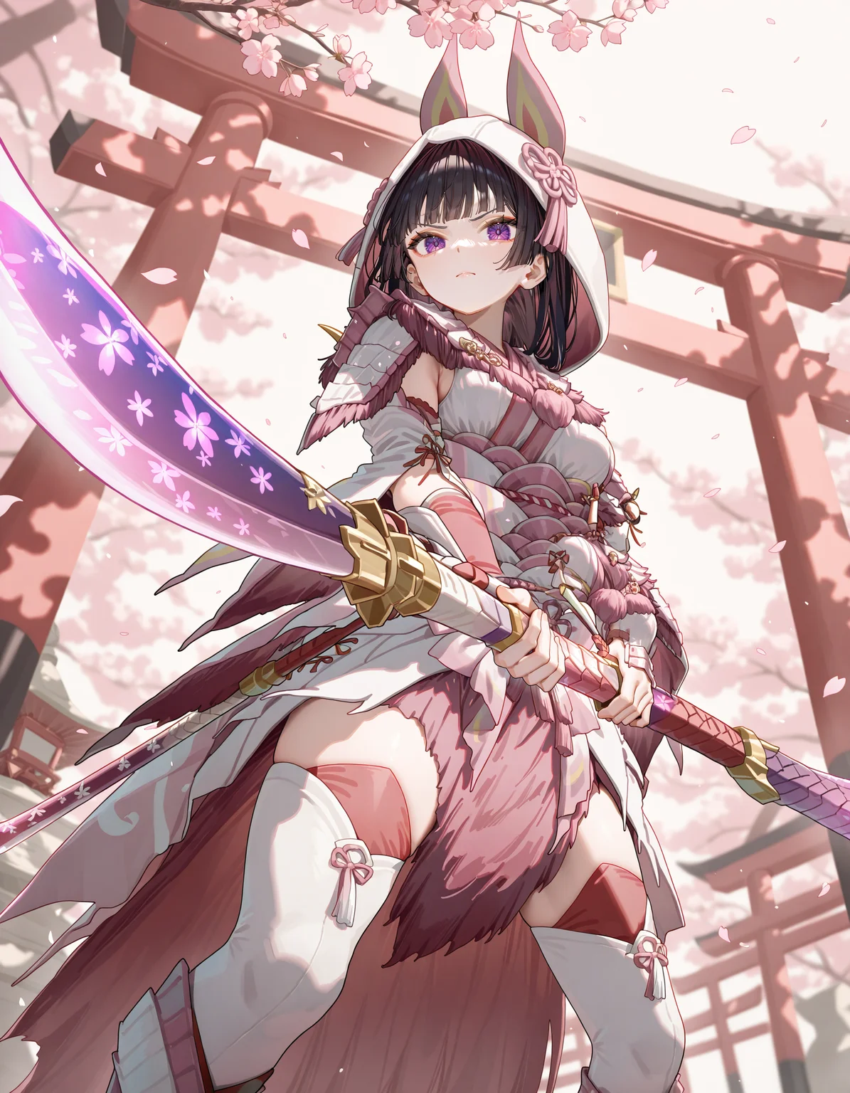 1girl, ningen mame, (parsley:0.8), from below, sunrise stance, legs apart, foreshortening, dutch shot, detailed background, east asian architecture, cherry blossoms, torii, black hair, purple eyes, blunt bangs, medium breasts,mizutsune armor, white detached sleeves, white thighhighs, white wataboushi, yellow sandals, white kimono, pink naginata, holding pink naginata, looking at viewer, serious, masterpiece, best quality, newest, absurdres, highres, very awa, <lora:illustrious/character/Mizutsune Armor illuXL v1.safetensors:1.0>, <lora:illustrious/concept/noobai_vpred_1_sunrise_stance_v1.safetensors:1.0>,