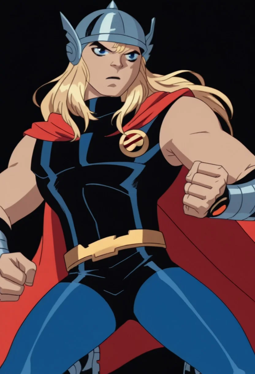 score_9, score_8_up, score_7_up, 2zdxxps, animated screencap, 1male, solo, adult, th1or03, blonde hair, long hair, blue eyes, silver helmet, black unitard, sleeveless, metal circles on chest, red cape, red bracelets, golden belt, blue leggings, golden boots, dynamic pose, action pose, ((anime, animated))), simple background, solid white background, full body shot,