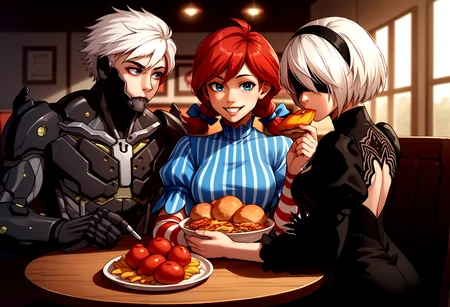 score_9, score_8_up, score_7_up, source_anime, indoors, upper body, table, restaurant, kfc, chicken \(food\), sitting, 3people,
BREAK 1boy, RaidenMGRDef, <lora:RaidenMGR_XLPD-000006:1>, cyborg, bodysuit, eyepatch, expressionless, 
BREAK wendy \(wendy's\), wendy's, happy, seductive smile, 2girls, 
BREAK 2b \(nier:automata\), nier:automata, 2girls, blindfold, black dress, eating,