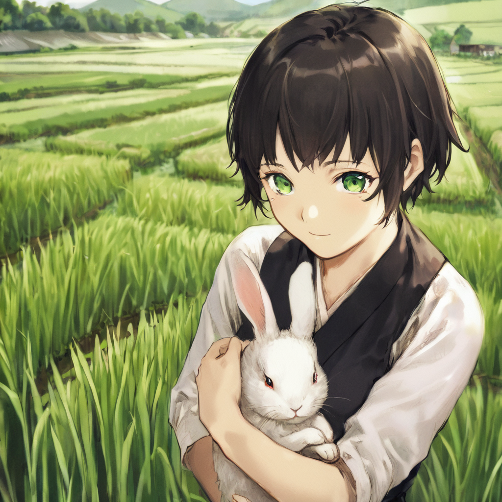 1girl,holding rabbit,rural, rice field ,(by ABeS567:1.1),masterpiece,black hair,short hair,green eyes,elegant, <lora:ABeLoRaXL-000007:1.1>