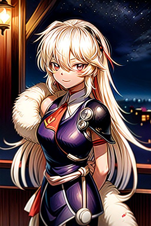 best quality 1girl Setsun4 solo long hair,  (night time) forest background black hair very long hair purple eyes multicolored hair armor, small, (fur trim) (medium body),<lora:EMS-179-EMS:0.800000>,<lora:EMS-293862-EMS:0.800000> bow, hair_bow, hair_tubes, red_bow, brown_hair, long_hair, bangs, ascot, frilled_bow, yellow_ascot, blush, smile, hair_between_eyes, athletic, armor, miko, strengthmda,  Smiling, happy, dragoon helmet